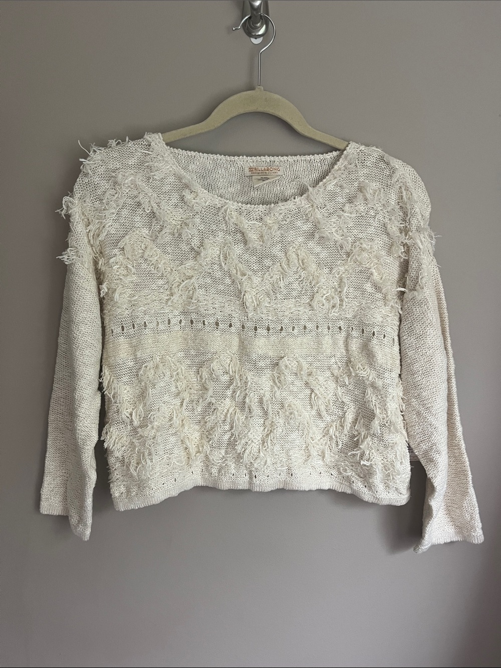 Billabong ivory boho crop pullover knit eyelash fringe sweater size small